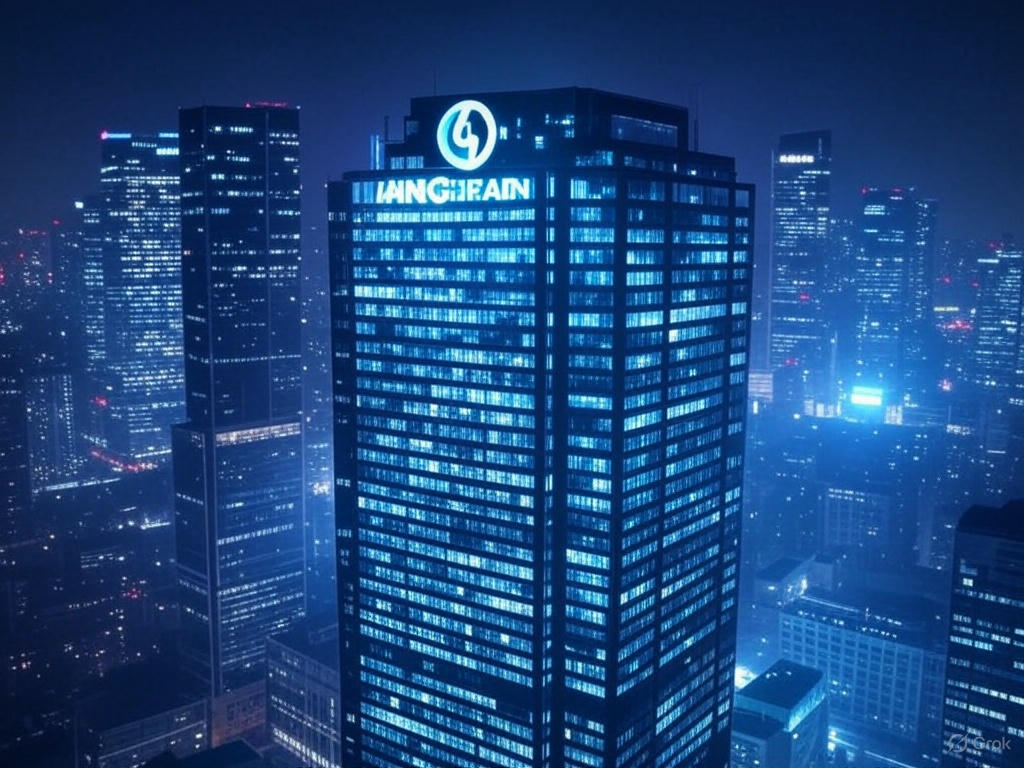 Futuristic cityscape illustrating LangChain AI development with large language models, external data integration, and multi-agent systems, surrounded by quantum computing, 5G, and sustainable IT innovations.